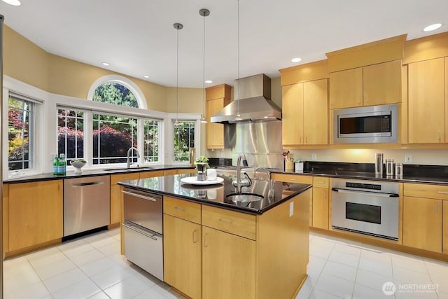 18737 63rd Ave NE, Kenmore, WA 98028 - kitchen with appliances with stainless steel finishes, wall chimney range hood, a sink, light brown cabinets, and recessed lighting