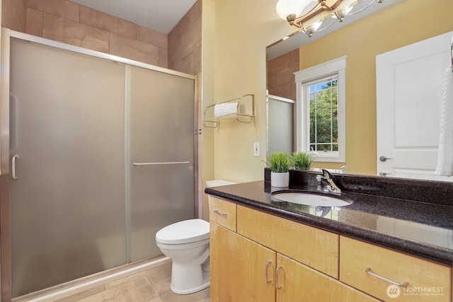 18737 63rd Ave NE, Kenmore, WA 98028 - full bath with vanity, a stall shower, toilet, and tile patterned flooring