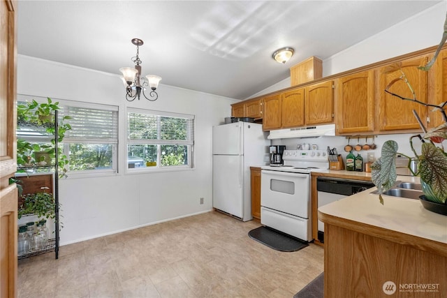 41515 Larson Dr, Gold Bar, WA 98251 - kitchen featuring white appliances, under cabinet range hood, light countertops, a chandelier, and brown cabinetry