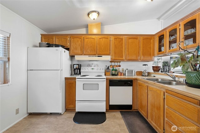 41515 Larson Dr, Gold Bar, WA 98251 - kitchen featuring white appliances, under cabinet range hood, light countertops, glass insert cabinets, and brown cabinets