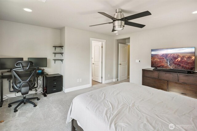 458 SW 111th Pl, Seattle, WA 98146 - bedroom with a desk, carpet, recessed lighting, baseboards, and a ceiling fan