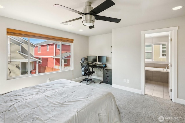 458 SW 111th Pl, Seattle, WA 98146 - bedroom featuring carpet, baseboards, recessed lighting, a ceiling fan, and ensuite bath