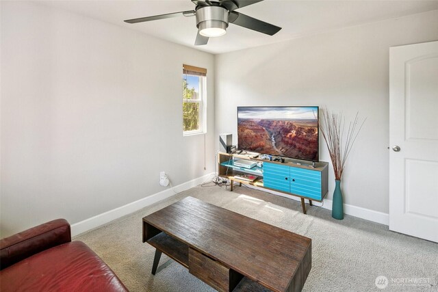 458 SW 111th Pl, Seattle, WA 98146 - living room featuring carpet floors, ceiling fan, and baseboards