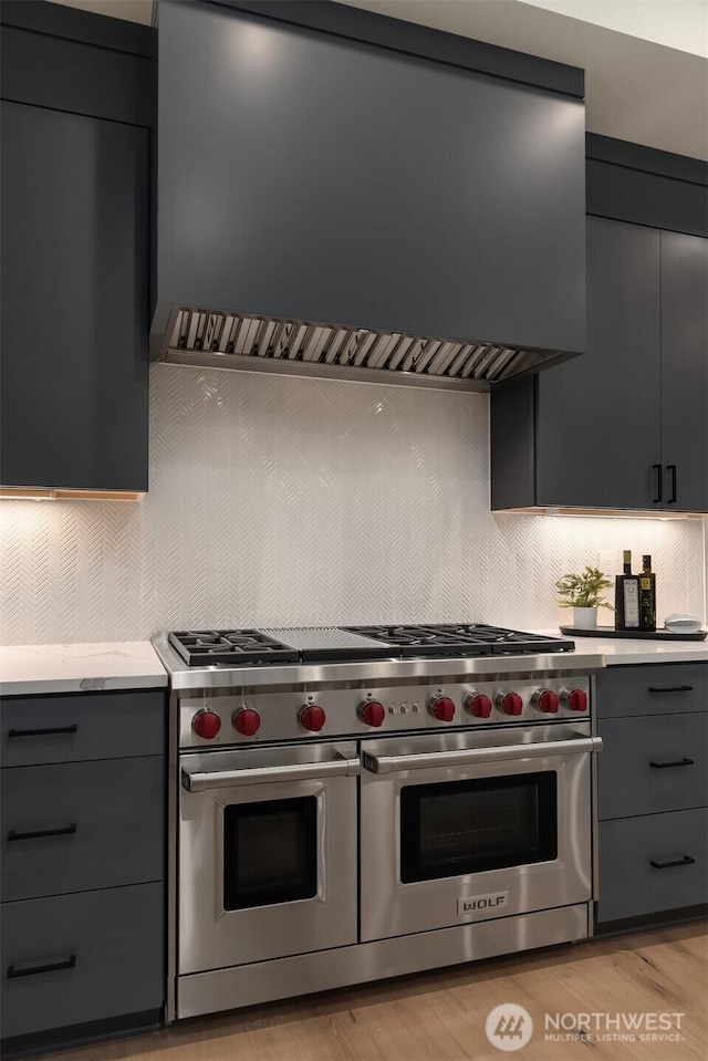 2505 166th Ave SE, Bellevue, WA 98008 - kitchen featuring double oven range, premium range hood, gray cabinetry, backsplash, and light countertops