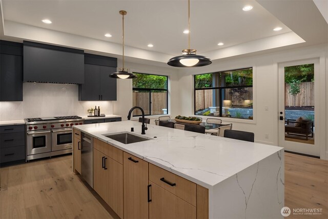 2505 166th Ave SE, Bellevue, WA 98008 - kitchen featuring stainless steel appliances, a sink, exhaust hood, light wood finished floors, and recessed lighting