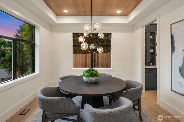 2505 166th Ave SE, Bellevue, WA 98008 - dining area with a tray ceiling, a chandelier, wood finished floors, wood ceiling, and recessed lighting