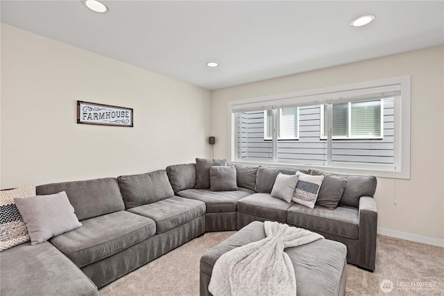 3098 SE 16th St, North Bend, WA 98045 - living area featuring light carpet, recessed lighting, and baseboards
