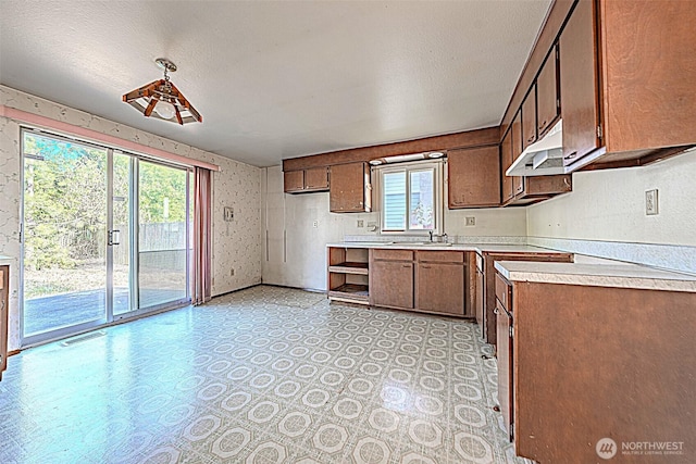 24427 14th Ave S, Des Moines, WA 98198 - kitchen with light countertops, under cabinet range hood, a sink, wallpapered walls, and light flooring