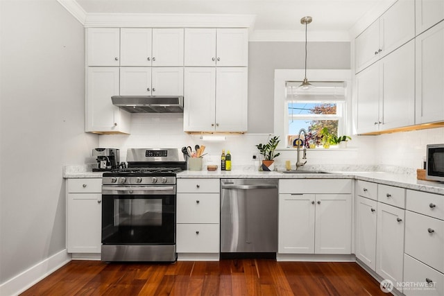 2321 Elm St, Bellingham, WA 98225 - kitchen with stainless steel appliances, under cabinet range hood, a sink, backsplash, and ornamental molding