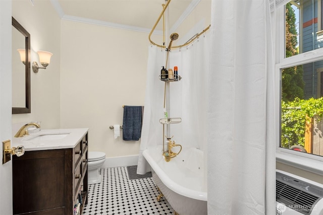 2321 Elm St, Bellingham, WA 98225 - full bath with ornamental molding, vanity, baseboards, toilet, and healthy amount of natural light