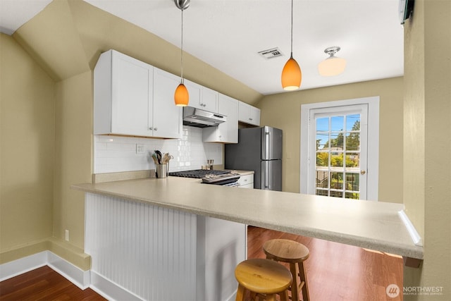 2321 Elm St, Bellingham, WA 98225 - kitchen featuring under cabinet range hood, stainless steel appliances, dark wood finished floors, backsplash, and a peninsula