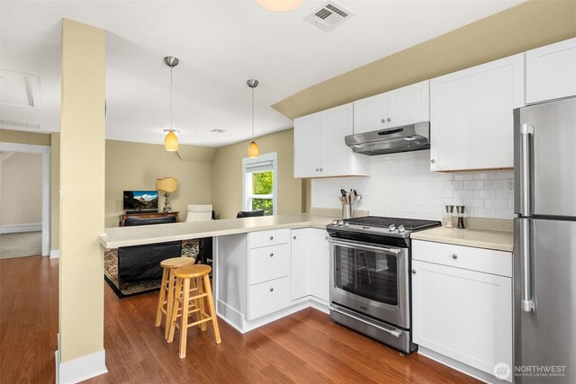 2321 Elm St, Bellingham, WA 98225 - kitchen with appliances with stainless steel finishes, under cabinet range hood, dark wood-type flooring, backsplash, and a peninsula