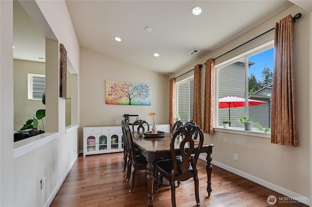 10821 Eastridge Dr NE, Redmond, WA 98053 - dining space with baseboards, wood finished floors, healthy amount of natural light, recessed lighting, and lofted ceiling