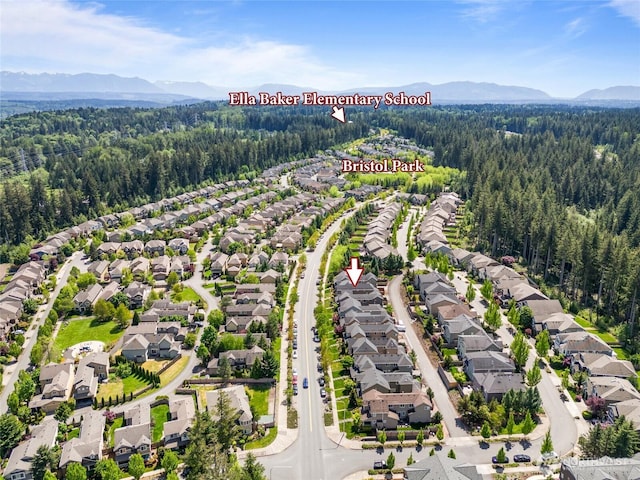 10821 Eastridge Dr NE, Redmond, WA 98053 - aerial perspective of suburban area featuring a heavily wooded area and a mountain backdrop