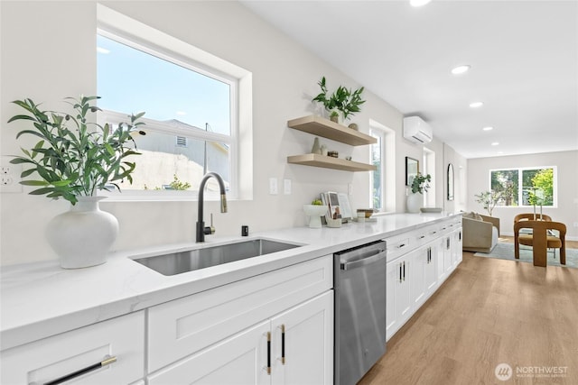 5041 Bowen Pl S, Seattle, WA 98118 - kitchen with dishwasher, a sink, a wall unit AC, recessed lighting, and open shelves