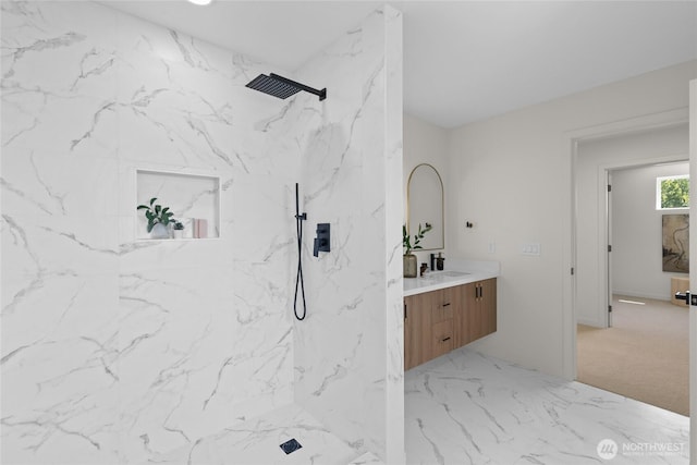 5041 Bowen Pl S, Seattle, WA 98118 - full bath with vanity, a marble finish shower, and marble finish flooring