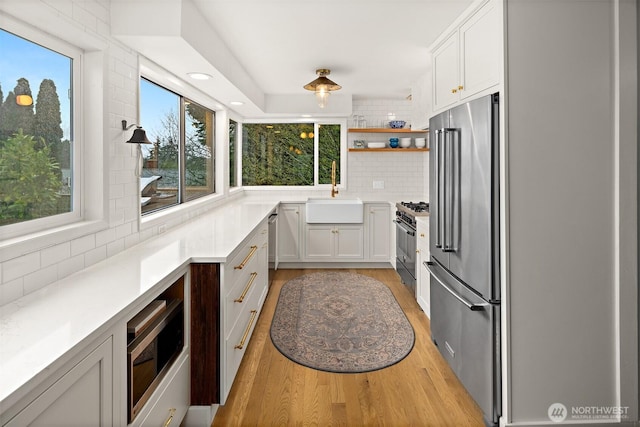 1083 N Vista Del Monte St, Camano Island, WA 98282 - kitchen featuring premium appliances, a sink, light wood-type flooring, decorative backsplash, and open shelves