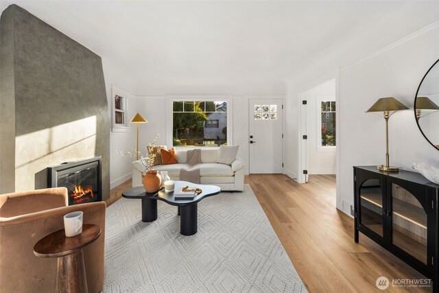 3722 36th Ave SW, Seattle, WA 98126 - living room featuring wood finished floors, a tile fireplace, and baseboards