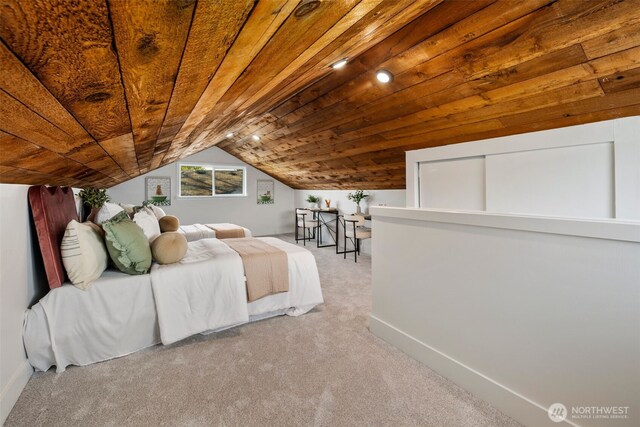 3722 36th Ave SW, Seattle, WA 98126 - carpeted bedroom with lofted ceiling, baseboards, and wood ceiling