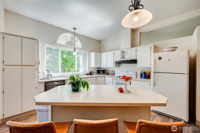 424 Maranatha, Kelso, WA 98626 - kitchen with appliances with stainless steel finishes, wood finished floors, under cabinet range hood, light countertops, and lofted ceiling