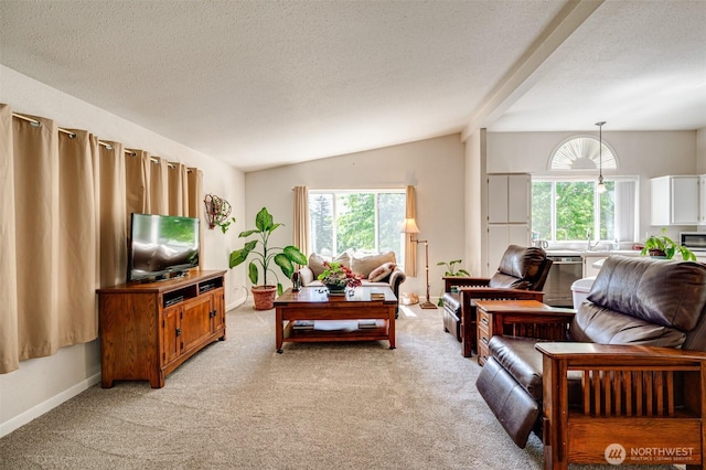 424 Maranatha, Kelso, WA 98626 - living area featuring light carpet, vaulted ceiling, a textured ceiling, and baseboards