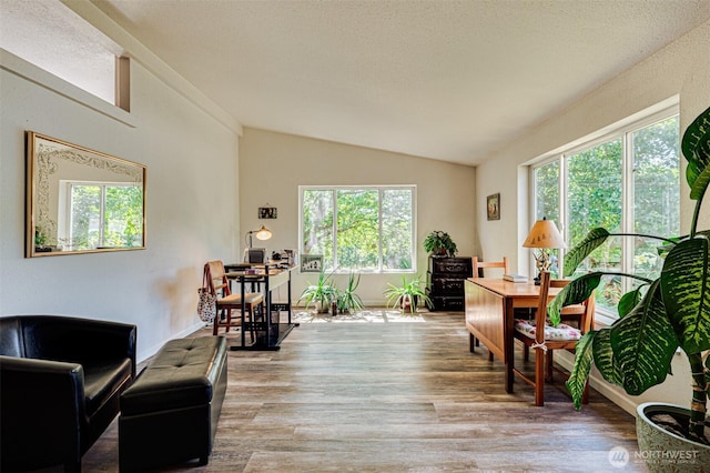 424 Maranatha, Kelso, WA 98626 - office area featuring vaulted ceiling, wood finished floors, and baseboards