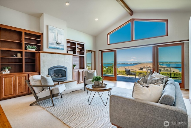 8022 Makah Rd, Blaine, WA 98230 - living room with beamed ceiling, a fireplace, high vaulted ceiling, recessed lighting, and a water view