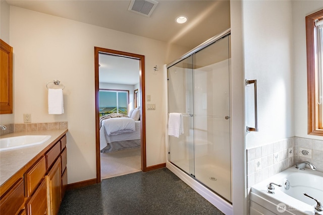 8022 Makah Rd, Blaine, WA 98230 - full bath featuring a stall shower, vanity, baseboards, and ensuite bathroom