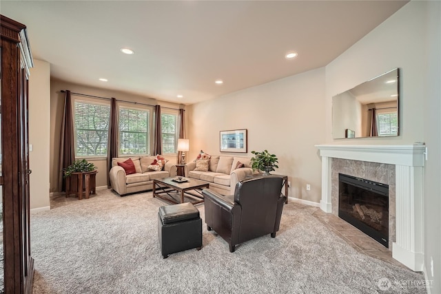 4306 Maple St SE, Olympia, WA 98501 - living area featuring light carpet, a fireplace, and recessed lighting