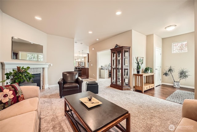 4306 Maple St SE, Olympia, WA 98501 - living area featuring carpet flooring, recessed lighting, and a tiled fireplace