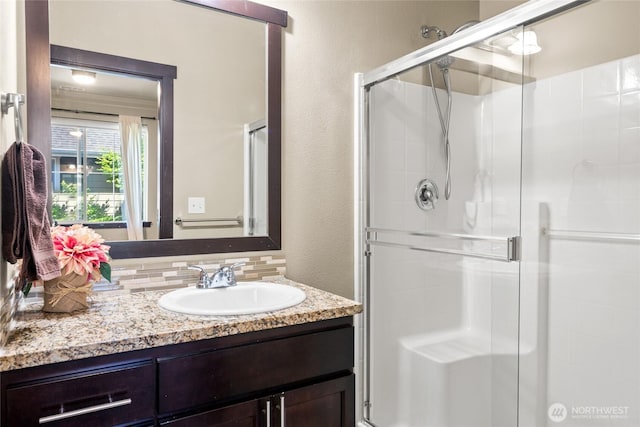 2413 Peabody St, Bellingham, WA 98225 - bathroom with vanity, a shower stall, and a textured wall