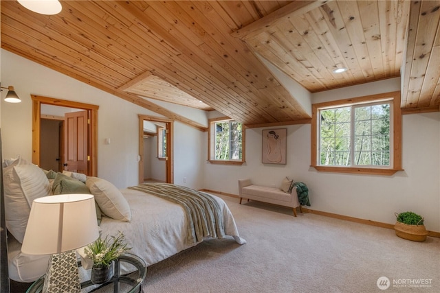 435 Thumper Ln, Camano Island, WA 98282 - carpeted bedroom featuring wood ceiling, vaulted ceiling, and baseboards