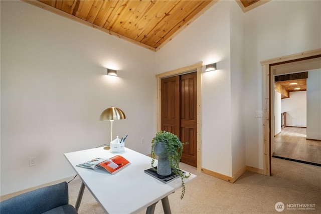 435 Thumper Ln, Camano Island, WA 98282 - office with light colored carpet, wood ceiling, baseboards, and high vaulted ceiling