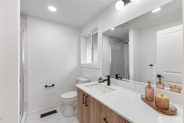 28830 11th Ave S, Federal Way, WA 98003 - full bathroom with toilet, a shower stall, vanity, baseboards, and marble look tile flooring