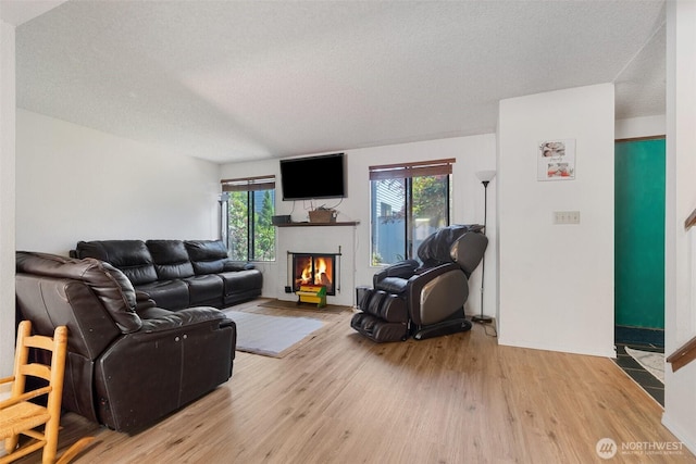 1801 Evergreen Park Ct SW Unit 8, Olympia, WA 98502 - living area featuring light wood finished floors, a tiled fireplace, and a textured ceiling