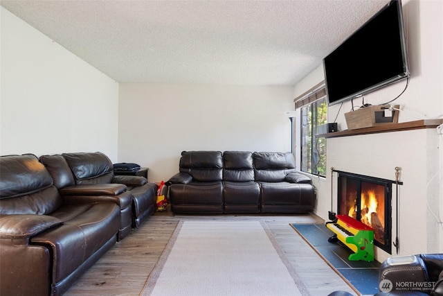 1801 Evergreen Park Ct SW Unit 8, Olympia, WA 98502 - living room with light wood-style floors, a textured ceiling, and a fireplace