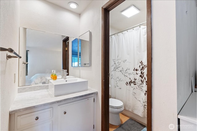 1801 Evergreen Park Ct SW Unit 8, Olympia, WA 98502 - full bath featuring toilet, vanity, a shower with curtain, and wood finished floors