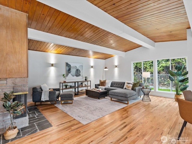 8421 240th St SW, Edmonds, WA 98020 - living area featuring wood finished floors, a fireplace, and wood ceiling