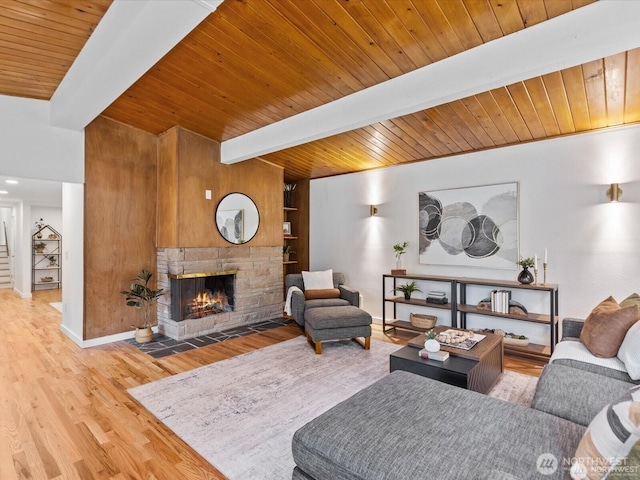8421 240th St SW, Edmonds, WA 98020 - living area with a stone fireplace, wooden ceiling with exposed beams, wood finished floors, baseboards, and built in features