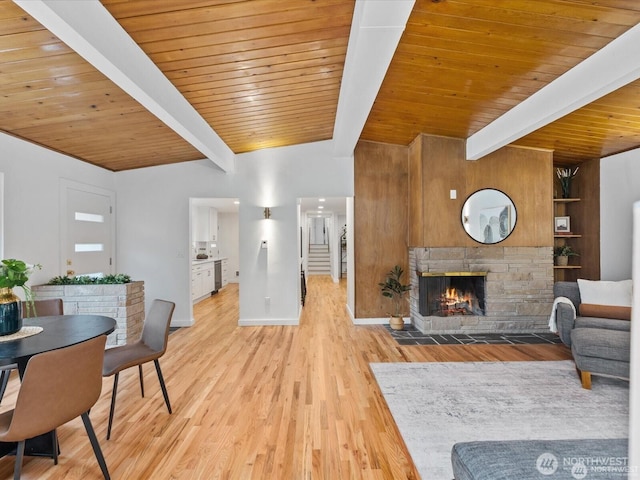 8421 240th St SW, Edmonds, WA 98020 - living room featuring wooden ceiling, a stone fireplace, light wood-style flooring, and baseboards