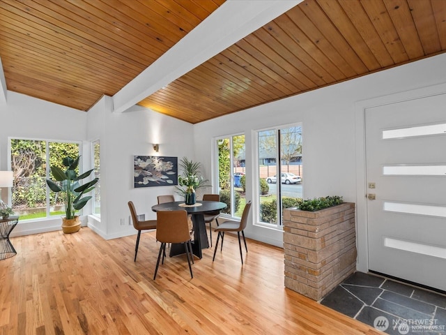 8421 240th St SW, Edmonds, WA 98020 - dining room featuring wooden ceiling, wood finished floors, and baseboards