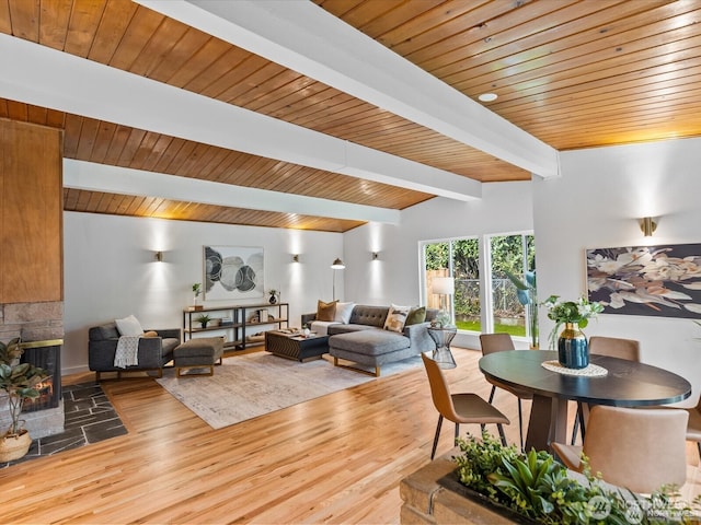8421 240th St SW, Edmonds, WA 98020 - living room with a multi sided fireplace, wood finished floors, and wood ceiling