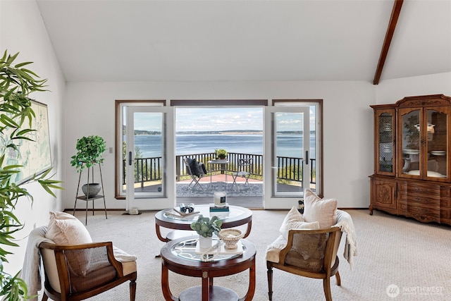 10601 87th Ct, Anderson Island, WA 98303 - living area with light carpet, a water view, plenty of natural light, beamed ceiling, and high vaulted ceiling