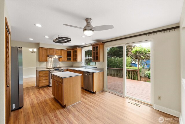 33205 32nd Pl SW, Federal Way, WA 98023 - kitchen with stainless steel appliances, under cabinet range hood, a kitchen island, light wood-style floors, and recessed lighting