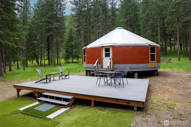 39 Ulrich Ln, Mazama, WA 98833 - wooden deck featuring a wooded view