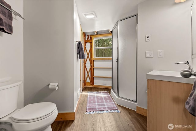 39 Ulrich Ln, Mazama, WA 98833 - bathroom with wood finished floors, vanity, toilet, a shower stall, and baseboards