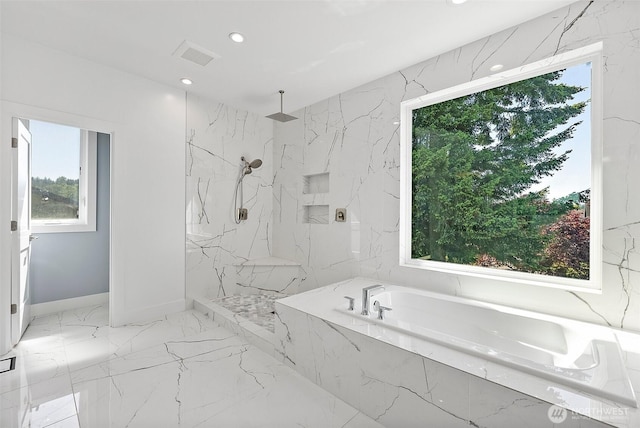10501 Angeline Rd E, Bonney Lake, WA 98391 - bathroom featuring a bath, a marble finish shower, recessed lighting, marble finish floors, and baseboards