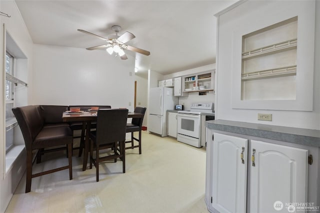 451 N Mount Jupiter Dr, Hoodsport, WA 98548 - kitchen featuring white appliances, ceiling fan, open shelves, and white cabinets