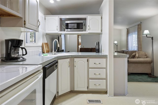 451 N Mount Jupiter Dr, Hoodsport, WA 98548 - kitchen with dishwashing machine, stainless steel microwave, white stove, a sink, and light countertops