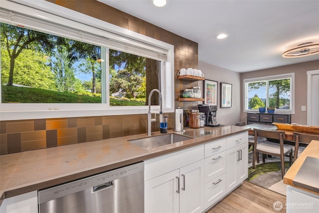 7008 155th Pl NE, Redmond, WA 98052 - kitchen featuring dishwasher, tasteful backsplash, light wood finished floors, white cabinets, and recessed lighting